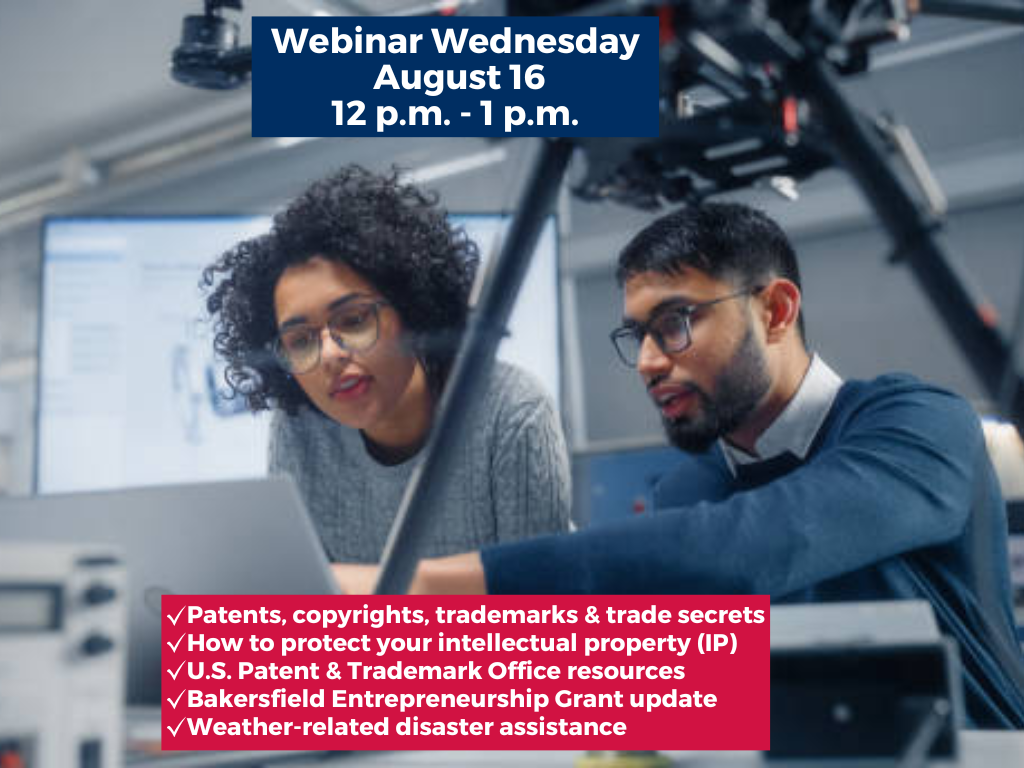 Graphic shows two young people in a work area working on a new product that has potential for a patent